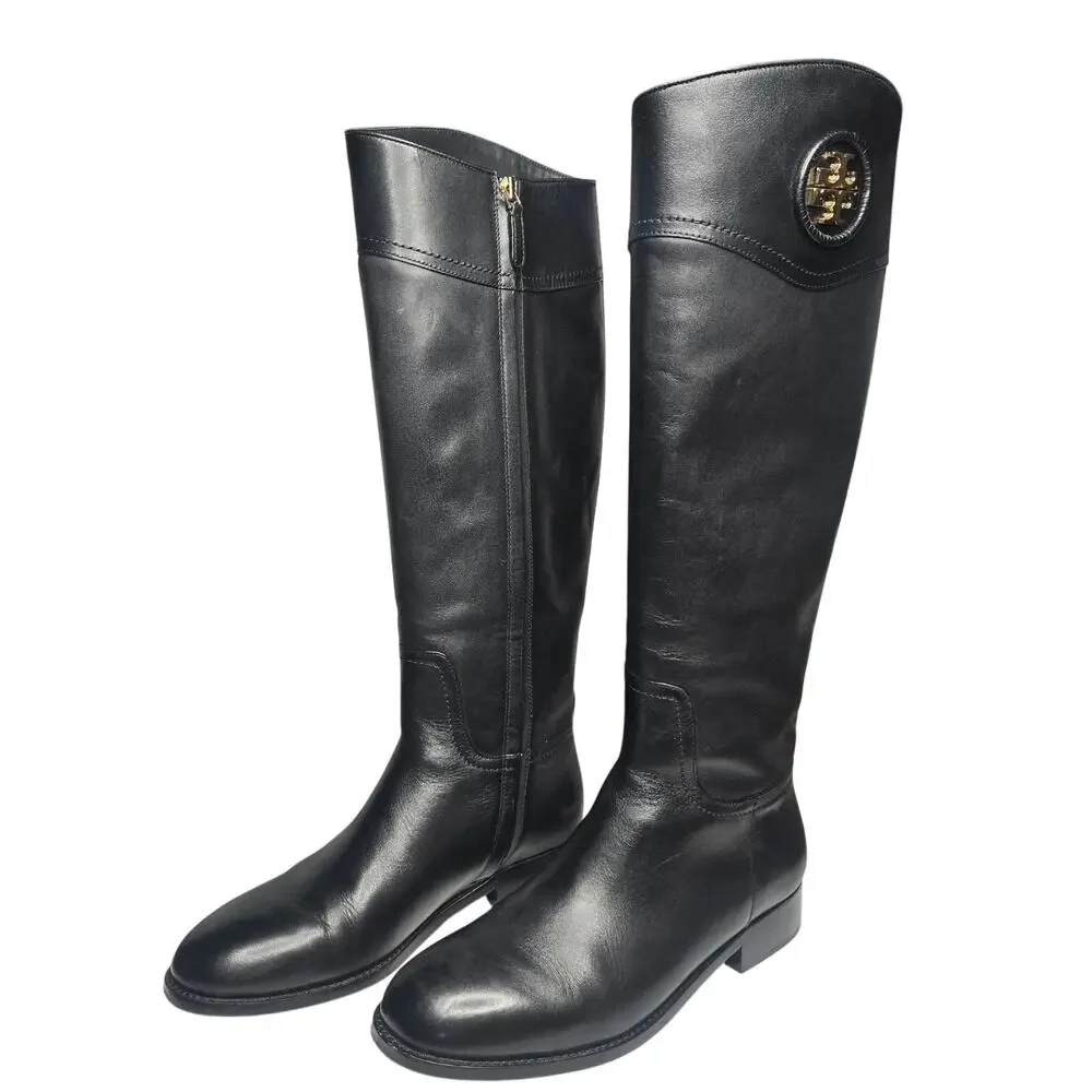 New Tory Burch Womens Ashlynn Black Leather Gold Logo Tall Riding Boots 8.5